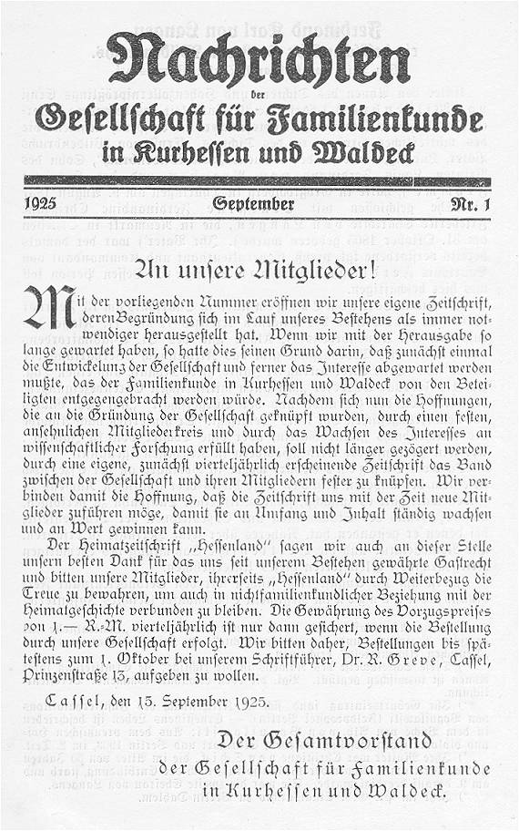 Nachrichten der Gesellschaft für Familienkunde in Kurhessen und Waldeck 1925