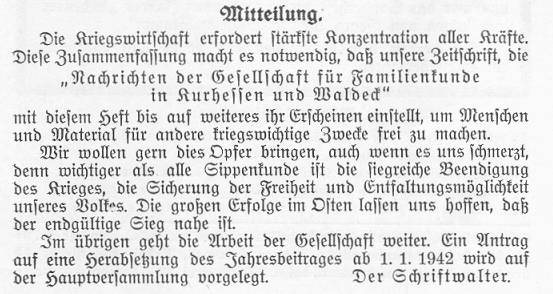 Nachrichten der Gesellschaft für Familienkunde in Kurhessen und Waldeck 1941